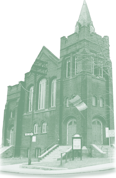 Green-filtered photo of MCC Toronto church building.