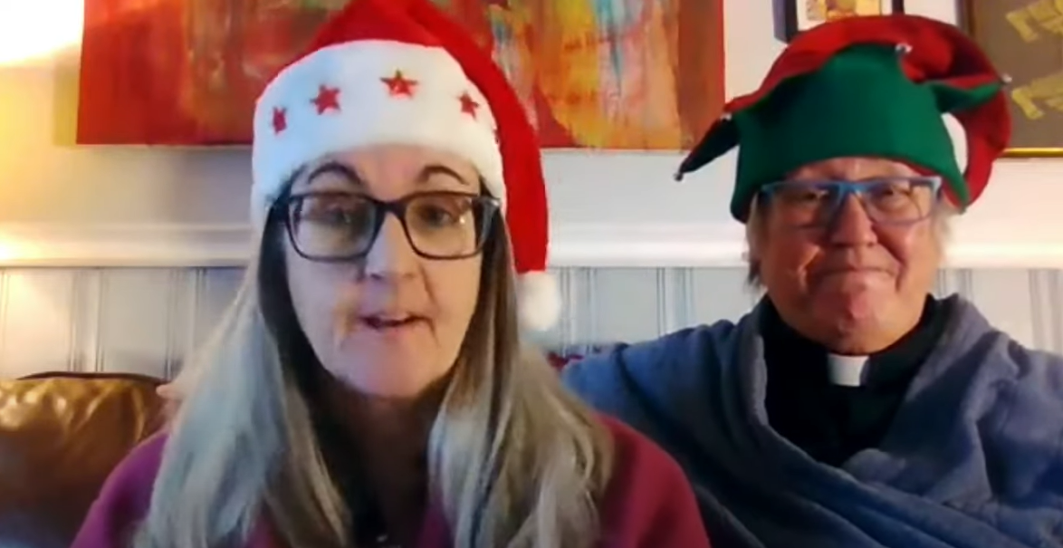 Picture of Deana Dudley wearing an elf hat and Janet Fitzsimmons wearing a Santa hat .