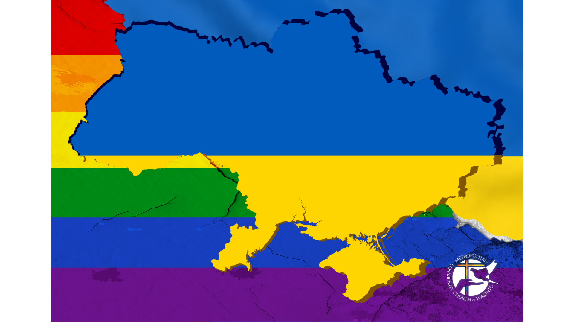 Picture of map of Ukraine over a wall pained with a Pride flag.