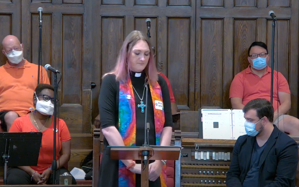 Picture of Junia Joplin in the Sanctuary, Giving a Sermon.