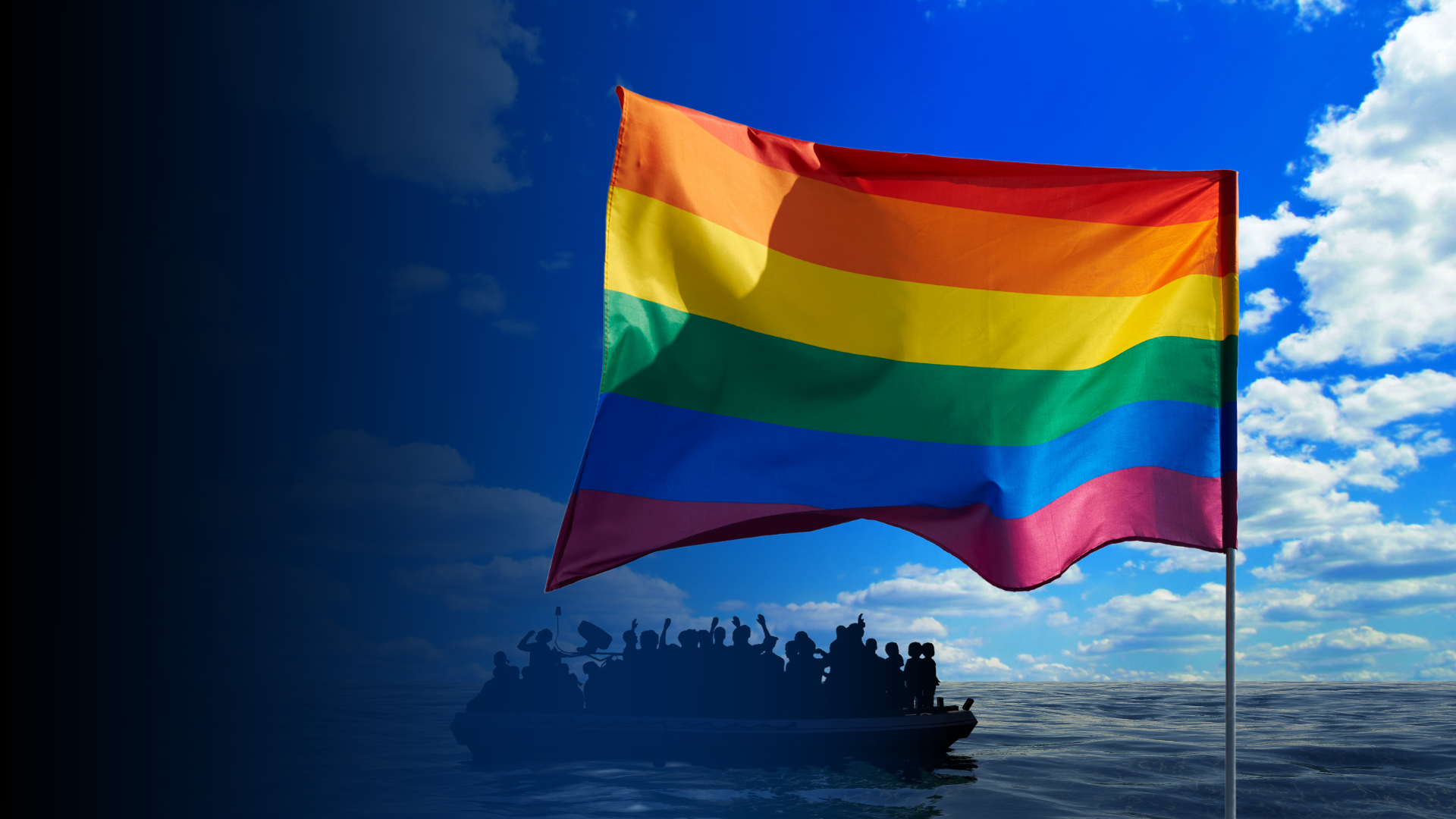 Picture of people on a big rubber boat in open sea over and a pride flag