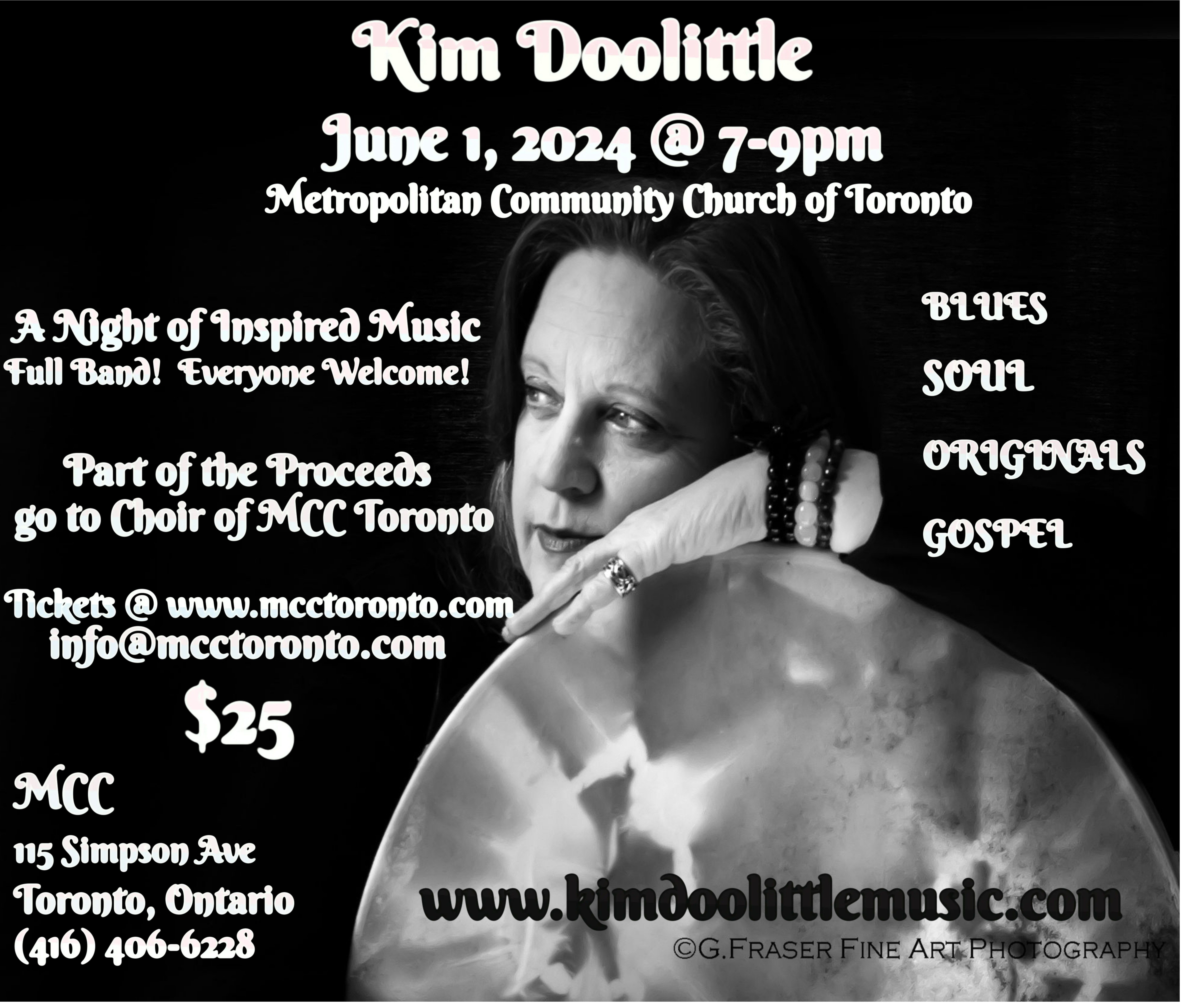 A promotional poster for a music event featuring Kim Doolittle on June 1, 2024. The poster is in black and white with an image of Kim Doolittle in a thoughtful pose, hand on cheek. Text highlights the event details, including time, location, music genres (Blues, Soul, Gospel, Originals), and ticket information. It mentions that part of the proceeds will benefit the Choir of MCC Toronto. URLs and contact details are provided at the bottom. The overall design has a classic and elegant look.