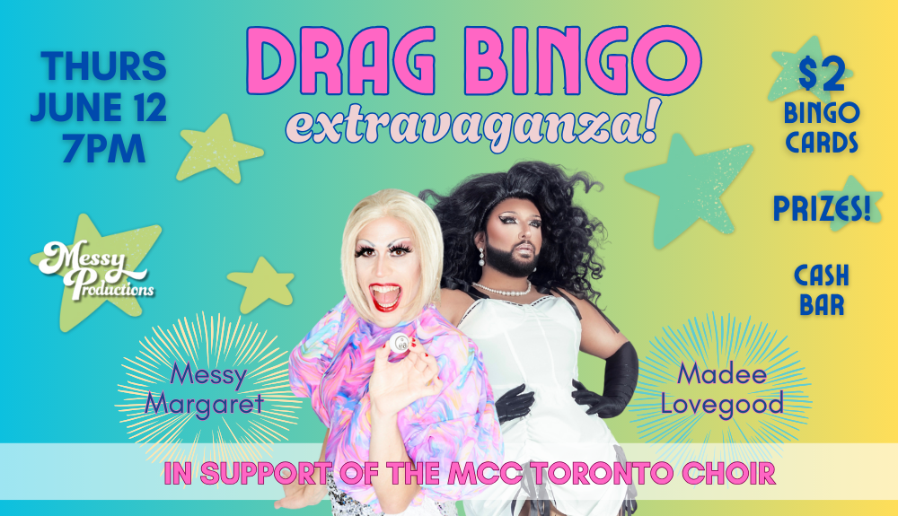 Drag Bingo event banner with two drag models on the left hand side; Messy Margaret and the dazzling Madee Lovegood. Event info is on the right hand side.
