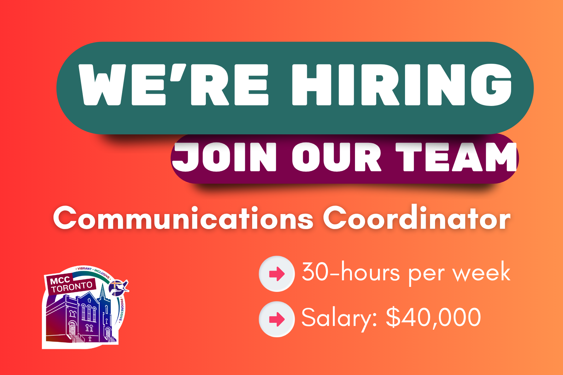 MCC Toronto hiring ad with a red-orange gradient background. Bold text reads 'WE’RE HIRING' and 'JOIN OUR TEAM' above the job title 'Communications Coordinator.' Details include: 30-hours per week, Salary: $40,000. MCC Toronto logo in the bottom left corner