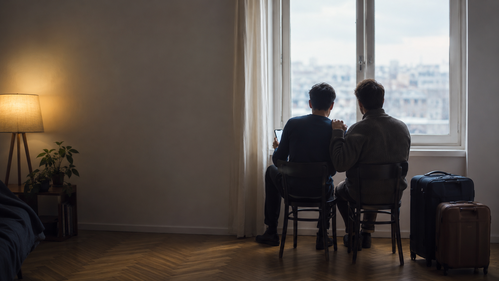Two men viewed from behind sit together beside two suitcases in a modest apartment, looking at a phone near a window.
