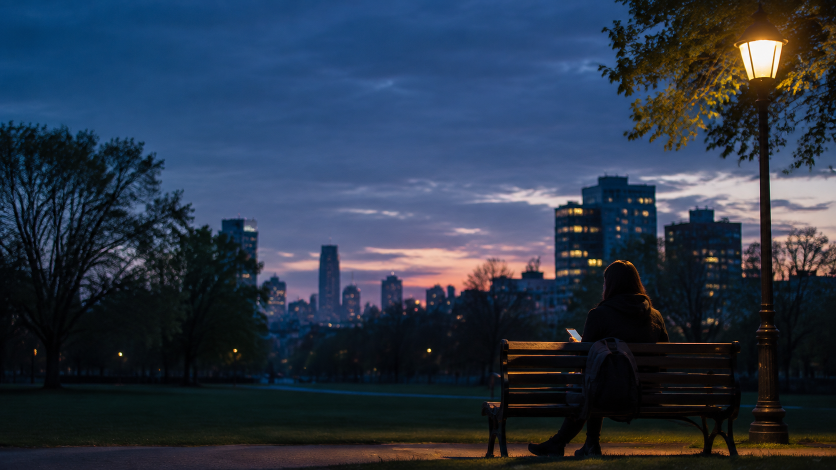 A woman viewed from behind sits on a park bench at dawn, holding a phone beneath a streetlamp, with Toronto buildings in the distance.